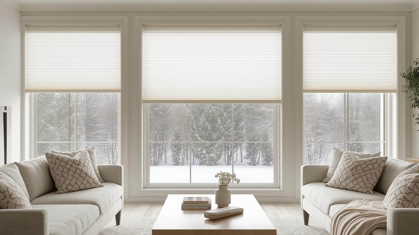 Cozy white living room with Duette Shades from Complete Blinds Brisbane, winter landscape visible through windows