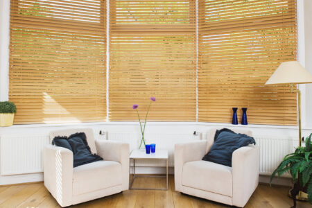 Transitional home space with Timber Venetian Blinds blocking out sun light from entering the room. Made in Australia. For sale in our Complete Blinds Brisbane showroom.