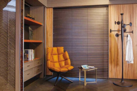 Wooden contemporary home dressing room featuring wooden smart privacy blinds, offering privacy and light control. Available at Complete Blinds Brisbane.