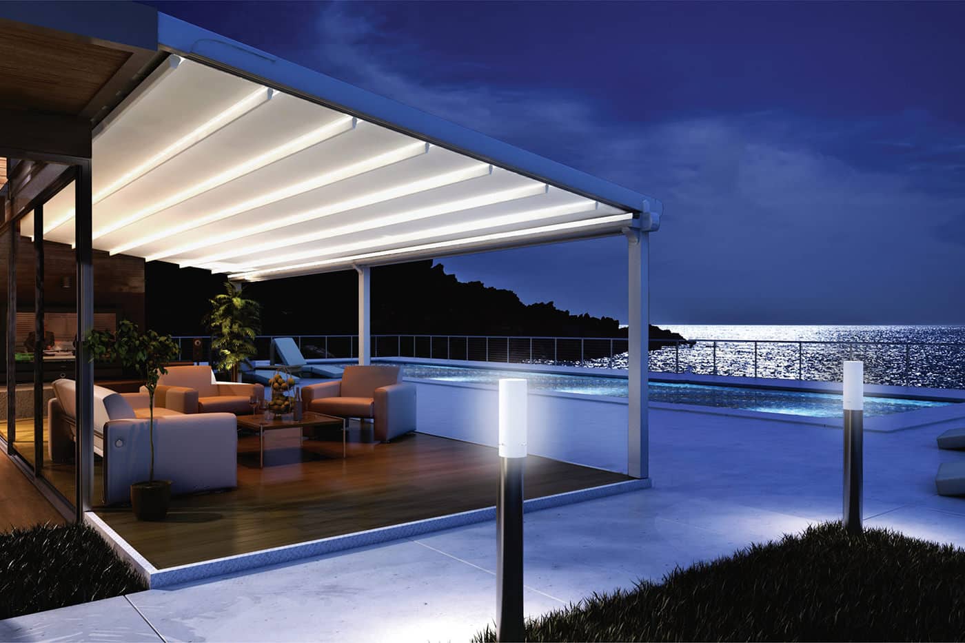 silver Motorised Palmiye Retractable Pergolas installed at commercial patio, suitable for all four seasons. Available at Complete Blinds Brisbane.