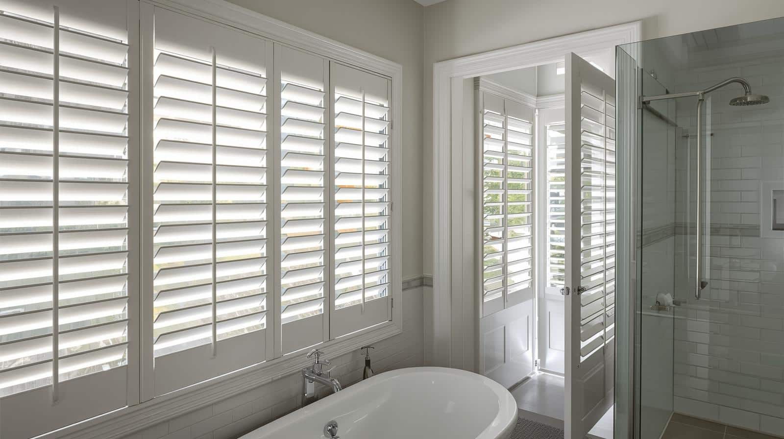 PVC plantation shutters in a Brisbane bathroom resisting moisture and providing privacy