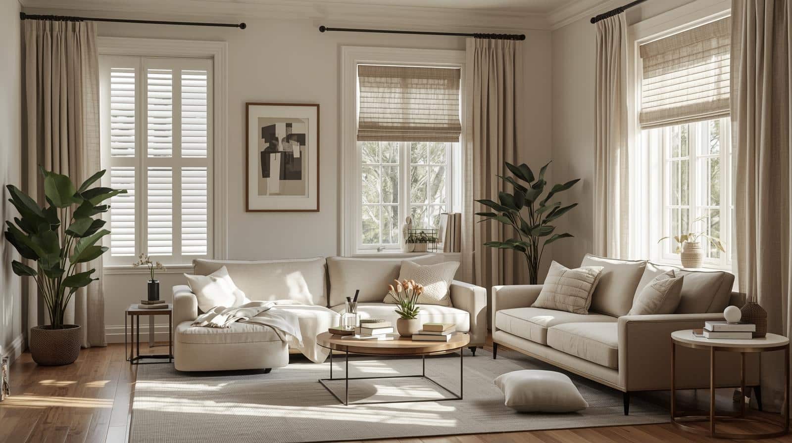 Modern living room with layered window treatments combining plantation shutters, blinds, and curtains for complete light and privacy control
