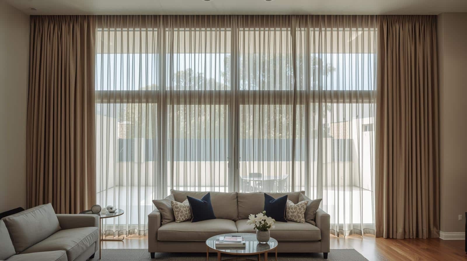 Custom made to measure curtains in Brisbane living room with floor to ceiling windows and professional installation