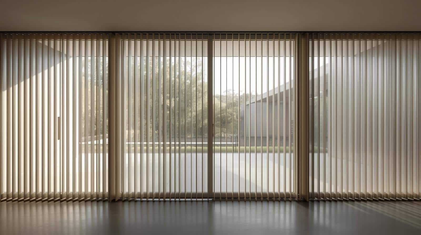 "Custom vertical blinds covering floor-to-ceiling windows in modern Brisbane home with large glass expanses
