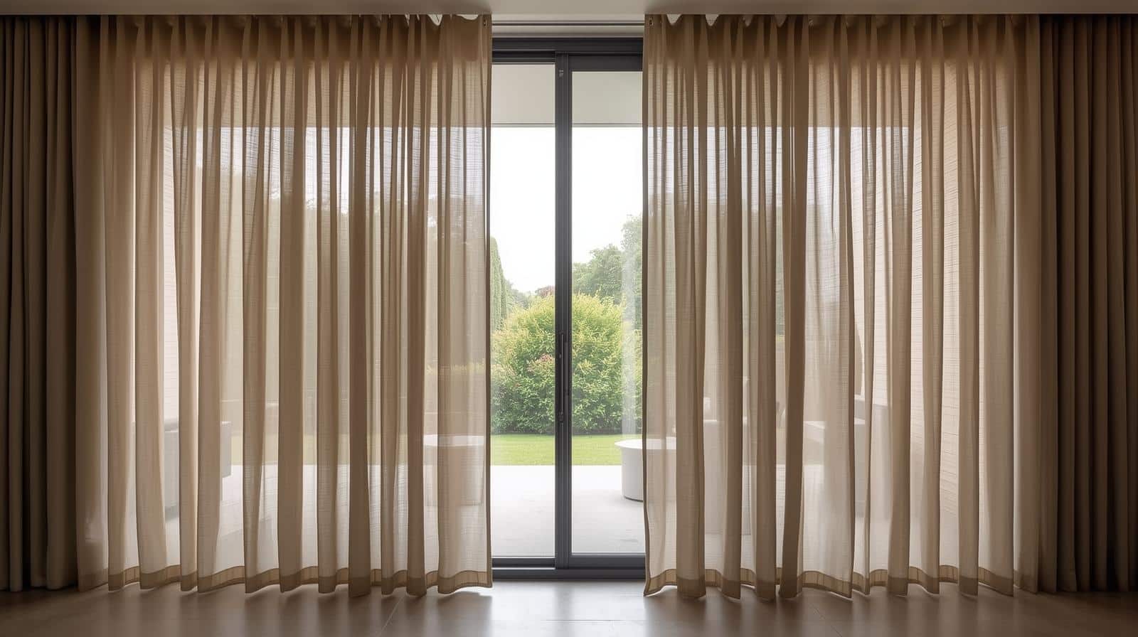 Contemporary wave fold curtains with smooth S folds in modern Brisbane home with floor to ceiling glass