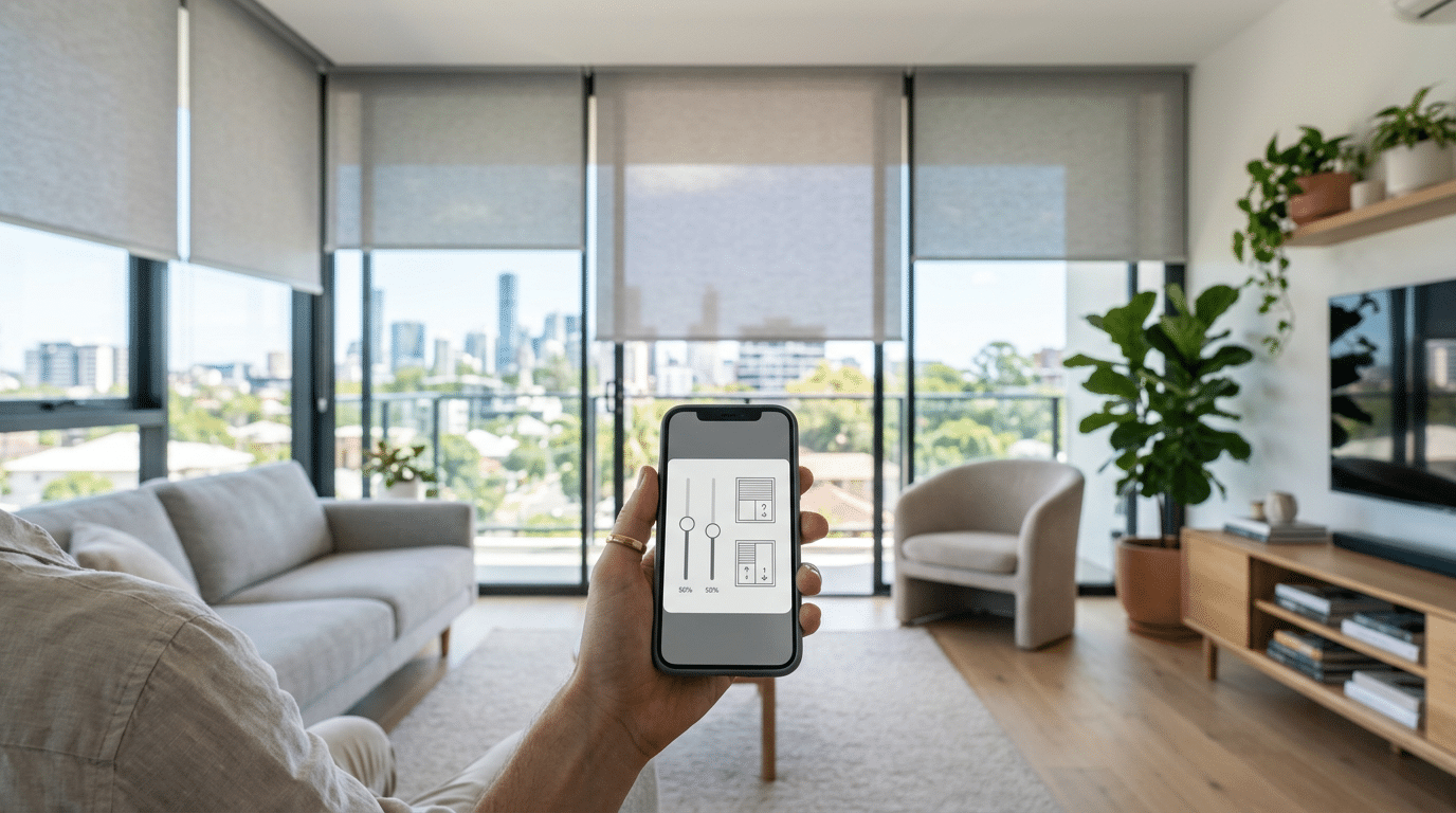 Motorised blinds in a modern Brisbane living room for easy light control