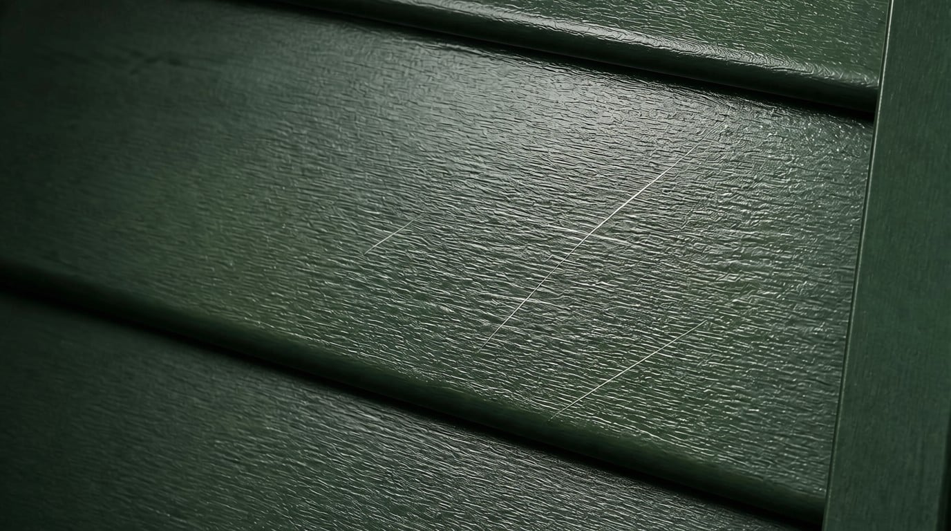 Close-up of colour-through PVC shutter material showing scratch resistance.